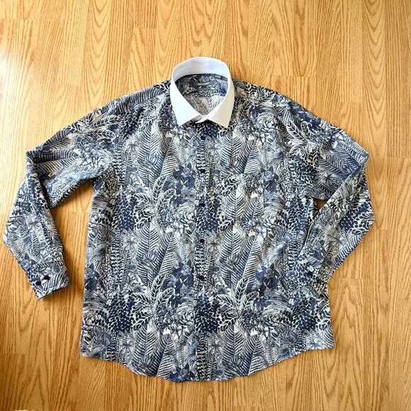 Indochino Mens White Collar Navy Botanical Print Dress Shirt Elegant Custom Desi - Picture 1 of 13